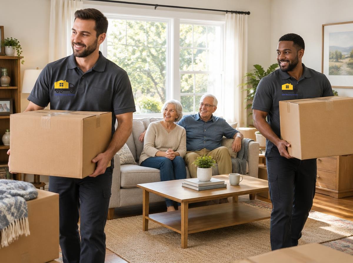 Movers carrying boxes for a senior couple in their living room